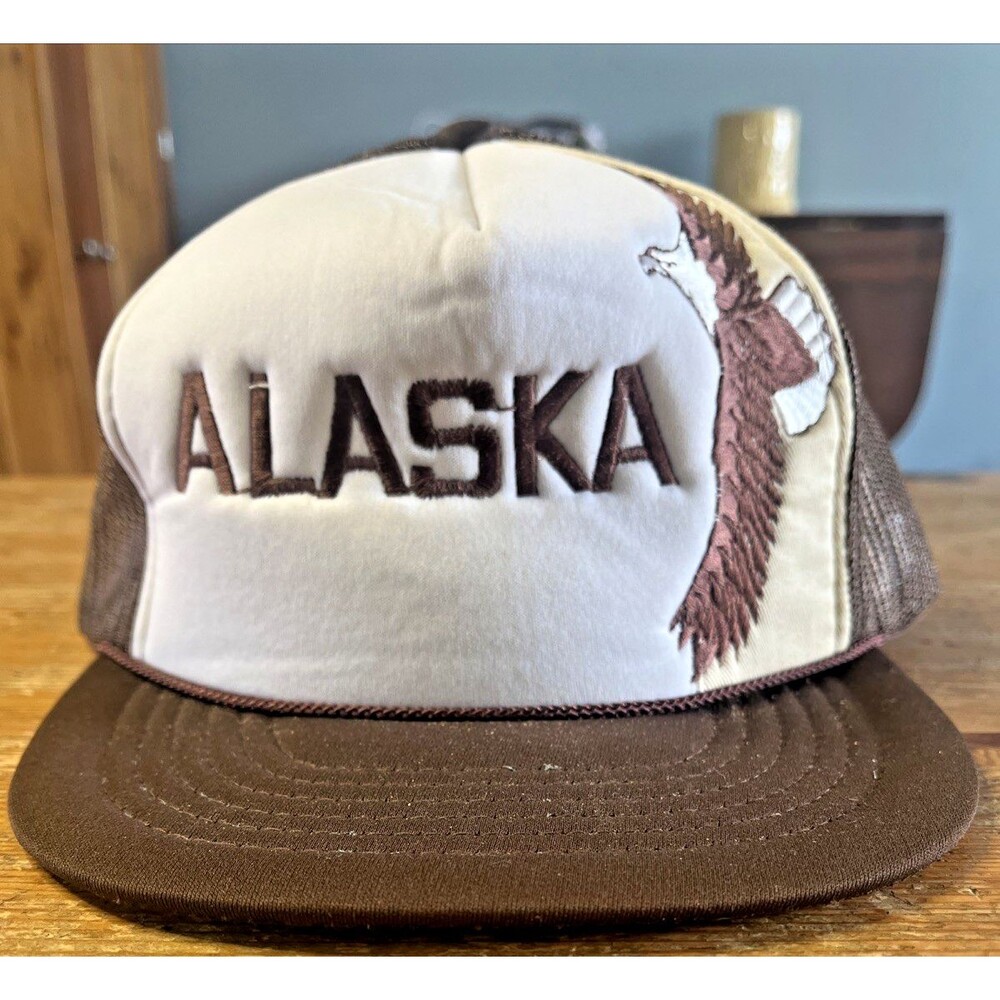 Vintage Alaska Snapback Hat Travel Souvenir Eagle Foam Trucker Brown Earth Tones